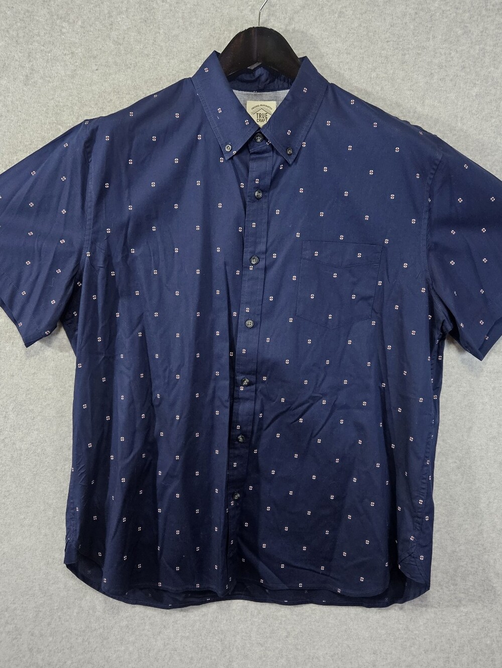 True Craft Navy Short-Sleeve Button-Down Shirt with Micro Print
